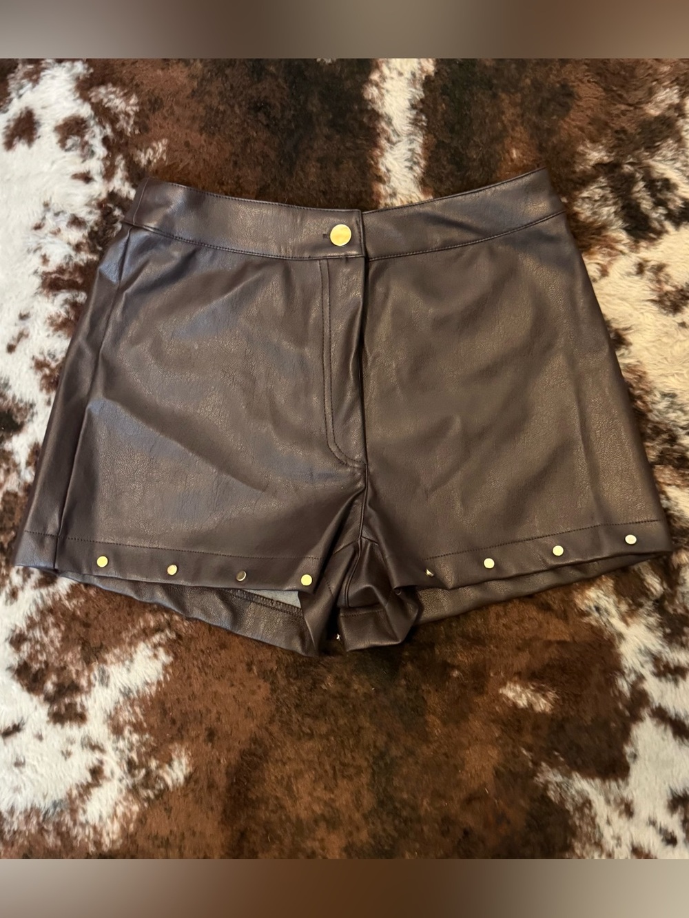 Sincerely Jules Chocolate Faux Leather High-Waist Shorts with Gold Studs - Small